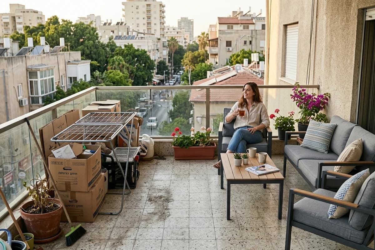 מרפסת עירונית קטנה לפני ואחרי סידור עם ריהוט חוץ